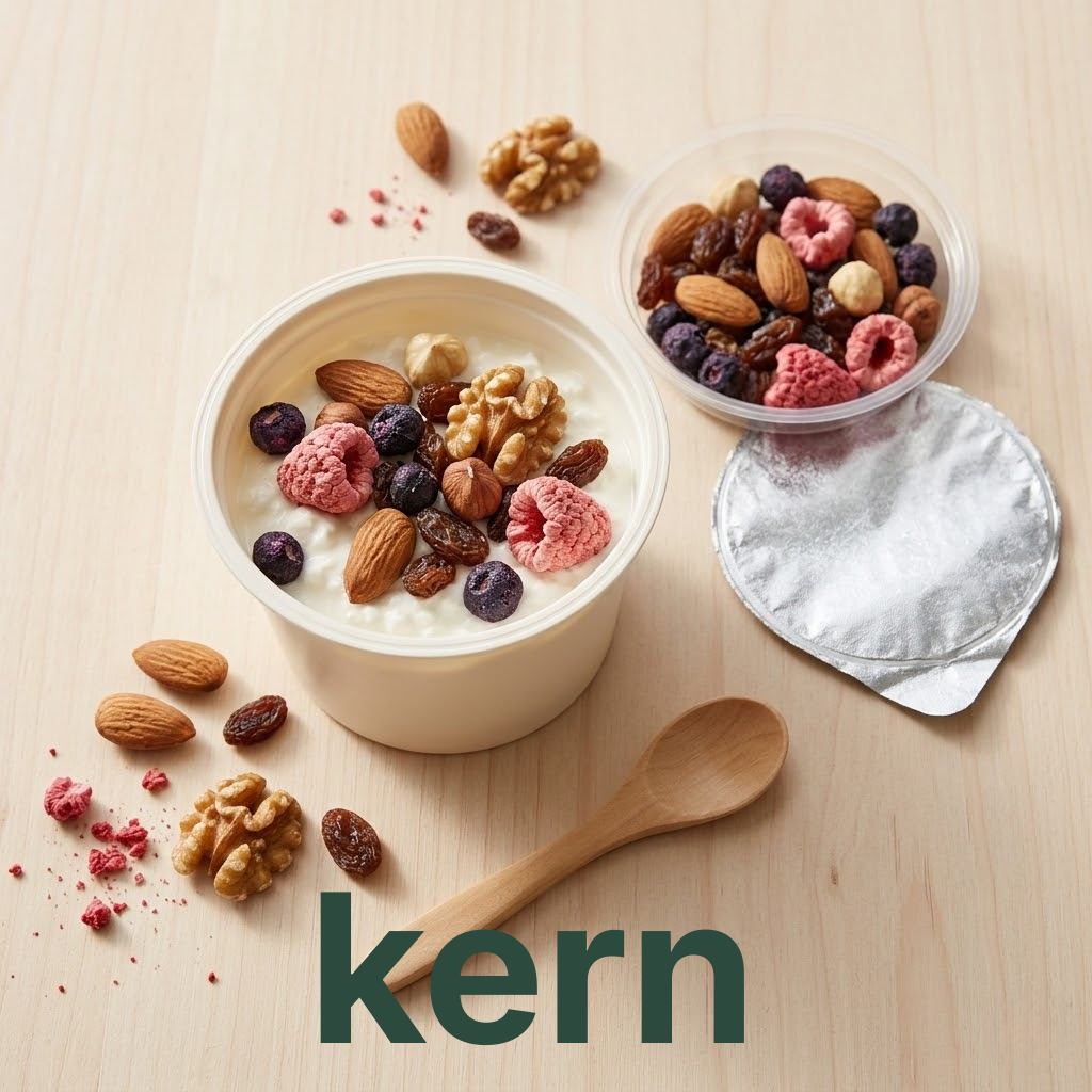 Top-down view: kern cup beside a second cup full of nuts and dried berries, with scattered almonds and a wooden spoon