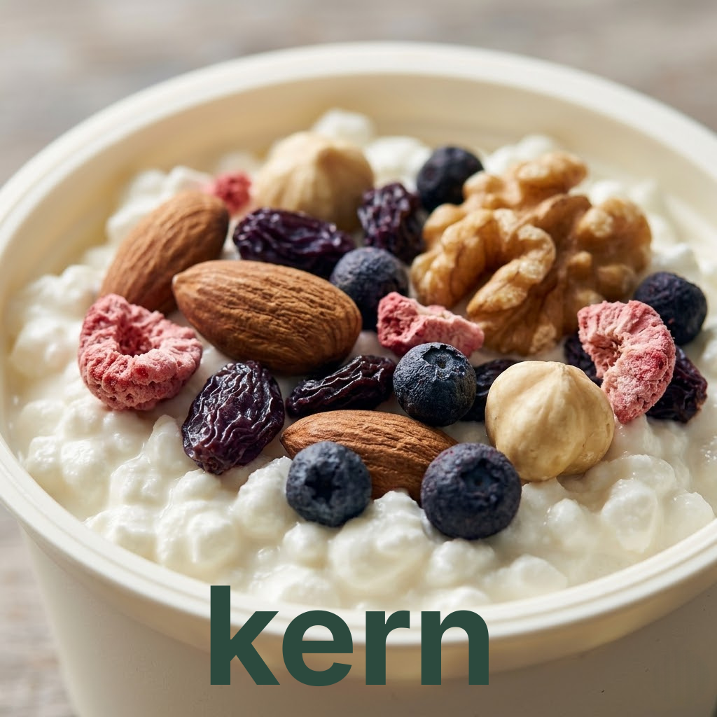 Macro close-up of cottage cheese curds with whole almonds, hazelnuts, walnuts and berries